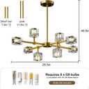 Modern Sputnik Crystal Kitchen Chandelier - Luxury Elegant 8 Light Gold Brushed Brass Chandeliers - Adjustable Height Pendant Lighting Ceiling Fixture for Dining Room Living Room Island Table Bedroom