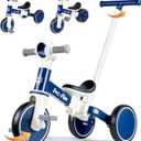 LOL-FUN 5 in 1 Toddler Tricycles for 1-3 Year Olds Boys Girls Toy with Parent Steering Push Handle, Baby Balance Bike 1 Year Old Kids Gift (Blue)