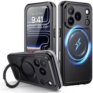 Lanhiem Magnetic for iPhone 17 Pro Waterproof Case, Dustproof Case Built-in Screen Protector, [Fit for MagSafe] [Invisible Stand] Shockproof Heavy Duty Underwater Case for iPhone 17 Pro (Black)