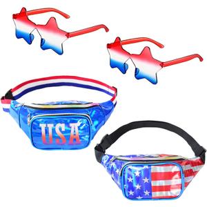 2 Set Holographic USA Flag Fanny Packs & Star Sunglasses, 4th of July Patriotic Belt Waist Bag, American Independence Day Accessories Men Women
