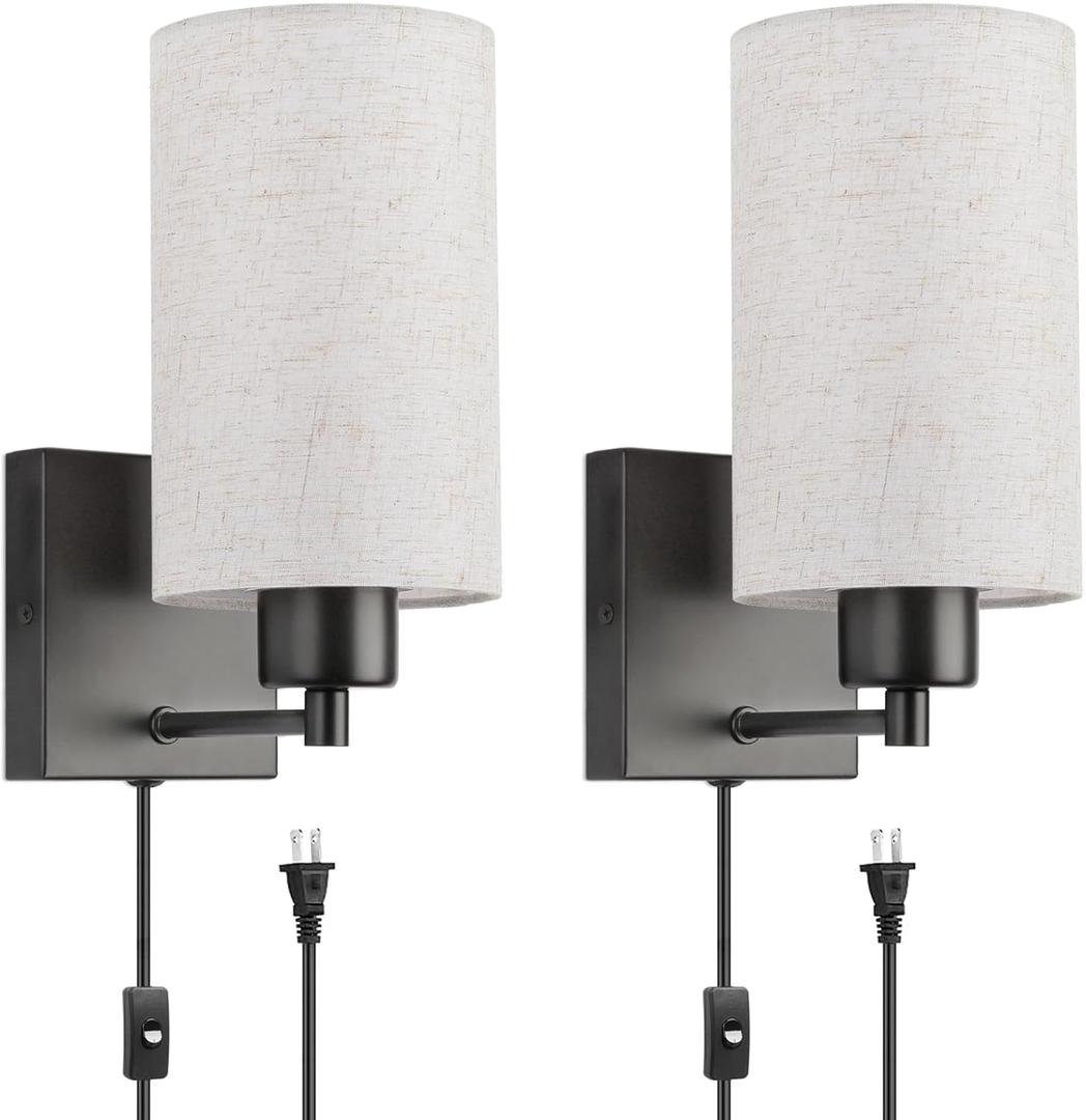 KOONTING® Plug in Wall Sconce Set of 2, Rustic Wall Lamp with Plug-in Cord and On/Off Toggle Switch, Linen Fabric Shade Wall Light Fixture for Headboard Bedroom Living Room Hallway (Circle-Linen)