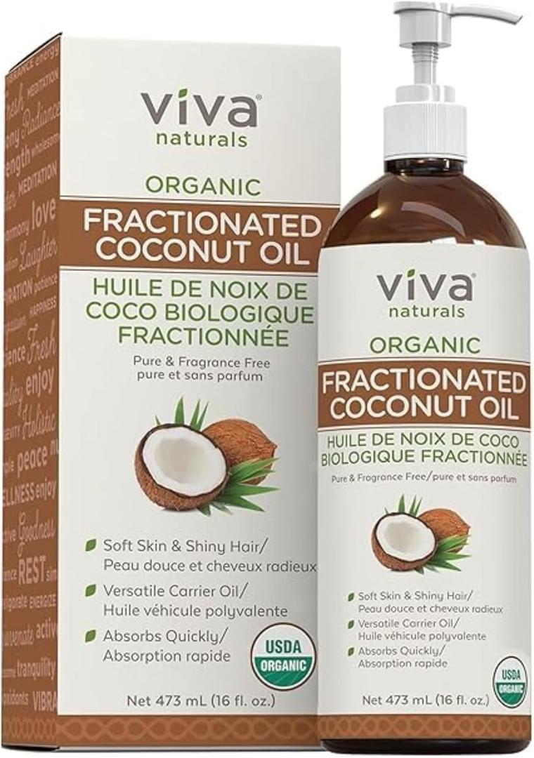Viva Naturals Organic Fractionated Coconut Oil - Skin & Hair Moisturizer, Relaxing Massage and Body Oil, Carrier Oil for Essential Oils Mixing, Pure Non-Greasy Coconut Oil for Skin and Hair, 16 fl oz