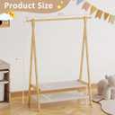 Kids Clothing Rack with 2 Fabric Shelves, Foldable Child Garment Stand with Hanging Rod, Small Dress Up Organizer, Bamboo (Natural)