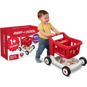 Radio Flyer Scan & Sort Shopping Cart, Red, for Kids 1+, Interactive Baby Walker with Lights & Adjustable Sound, Includes 6 Play Food Items, Adjustable Height Baby Push Walker, for Indoor Play