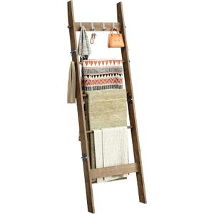 5-Tier Bamboo Ladder Shelf, Farmhouse Style Blanket Ladder, Rustic Decorative Ladder with 4 Removable Hooks, Brown