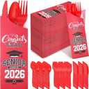 Funnymoom 400 Pcs 2026 Graduation Wrapped Silverware Bags Holder - Disposable Dinnerware Set Includes Plastic Spoons Knives and Forks, Class of 2026 Parties School Congrats Supplies(Red)