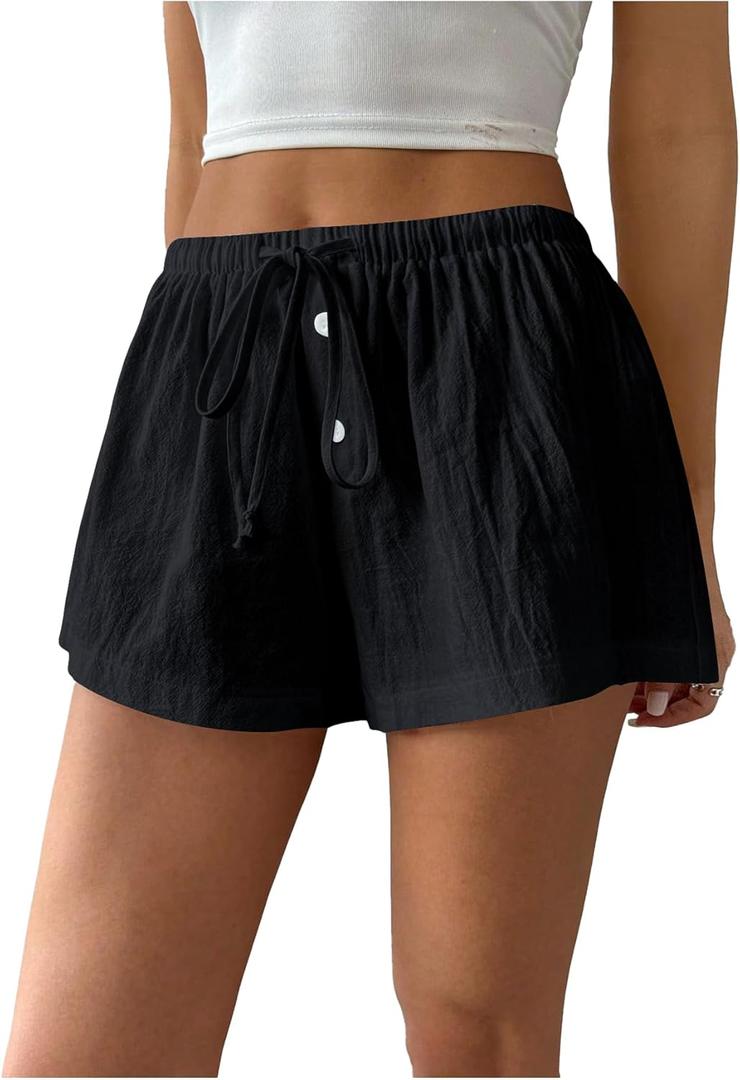 Women's Drawstring High Waisted Button Front Mini Shorts Loose Wide Leg Track Shorts Casual Lounge (Pink, L)