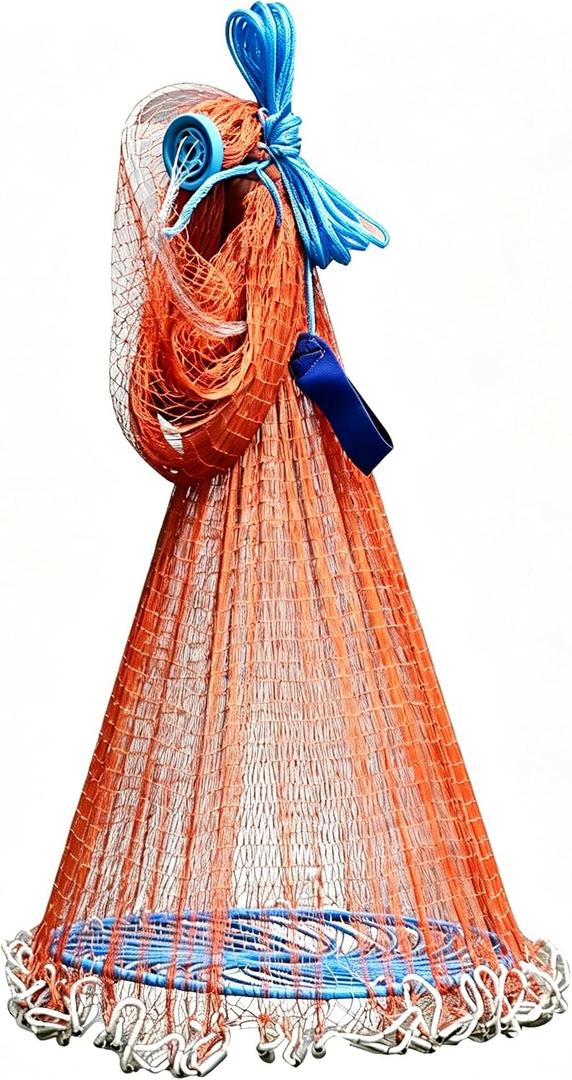 Nylon Hand Cast Net, 3 to 12ft Radius Fishing Throw Net with Blue Ring, for Saltwater and Freshwater Bait Fish, Easy Throw Casting Net for Beginners and Professionals