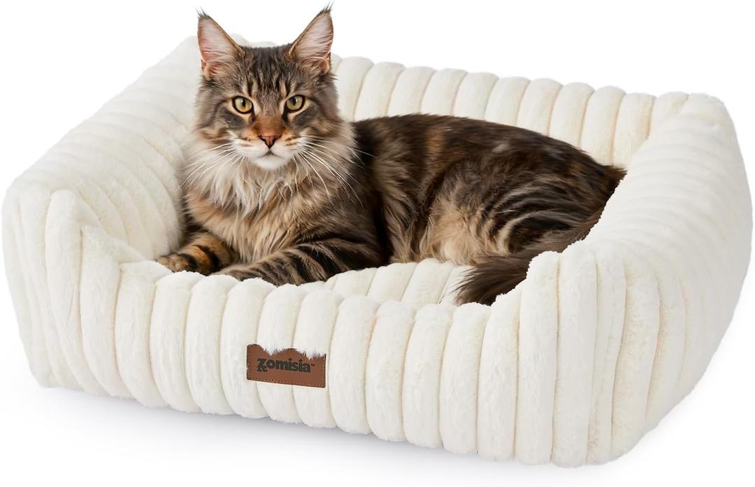 Large Cat Beds - Orthopedic Dog Bed for Medium Dogs, Rectangle Pet Bed with Fluffy Removable Washable Cover, 25x21x9inches, Cream