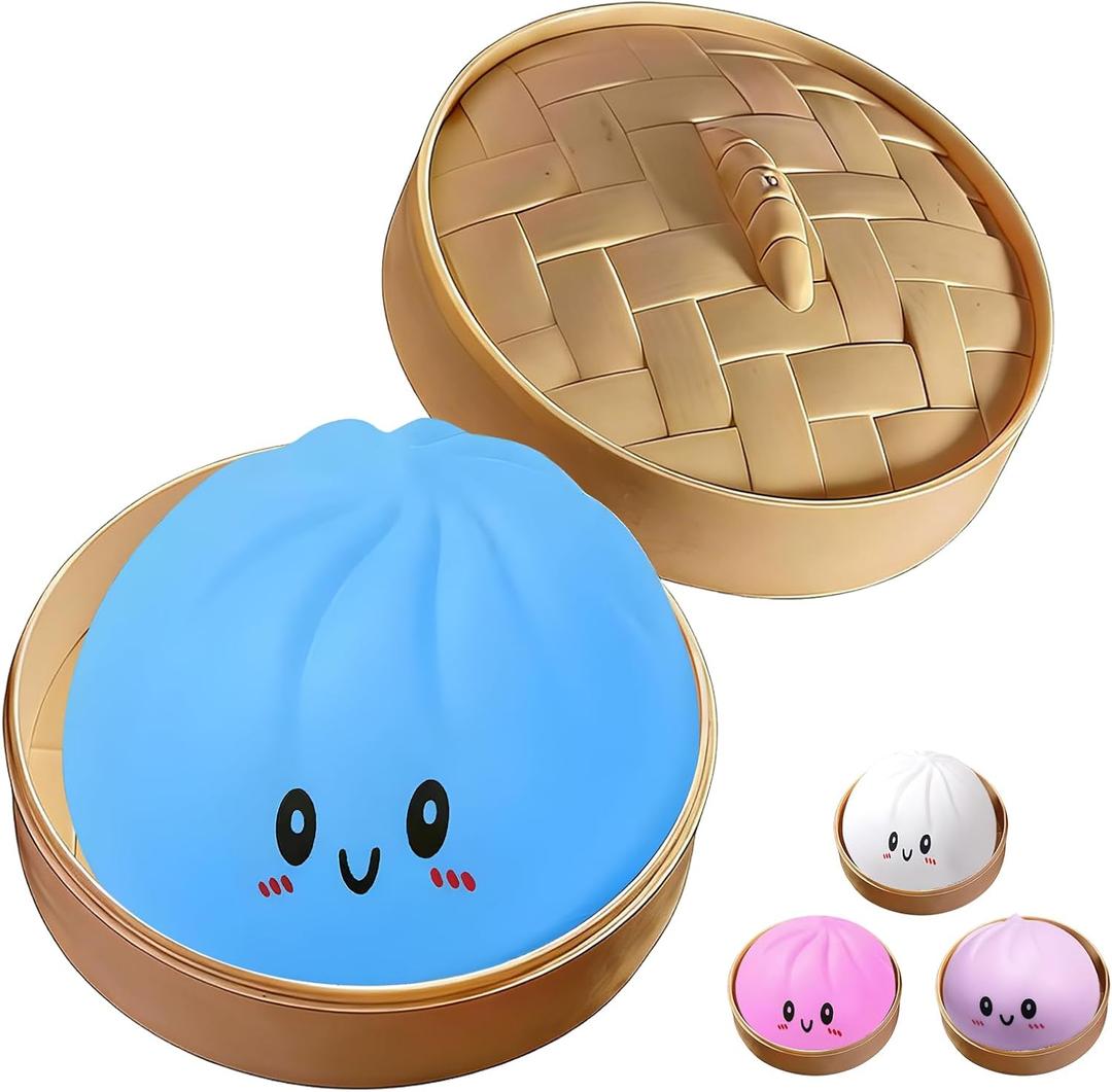 Dumpling Squishies Toy,Mystery Squishy Dumpling Box,Cute Anxiety Relief Fidget Toy,Jumbo Squishy Toy with Steamer Box,Soft Squeeze Decompression Dough for Adults& Kids (Blue)