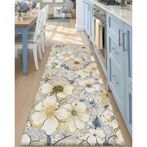 DEXI Kitchen Mats for Floor, 23x59, Cushioned Standing Mat Anti Fatigue, Wide Waterproof Comfort Floral Padded for Laundry Room Office, Blue and Yellow