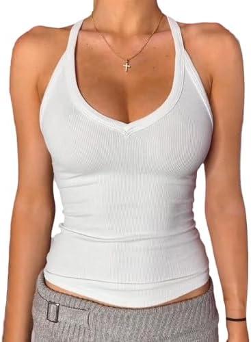 Danysu V Neck Racerback Tank Top for Women with Built in Bra Ribbed Long Tank Fitted Basic Cami Tops White, M
