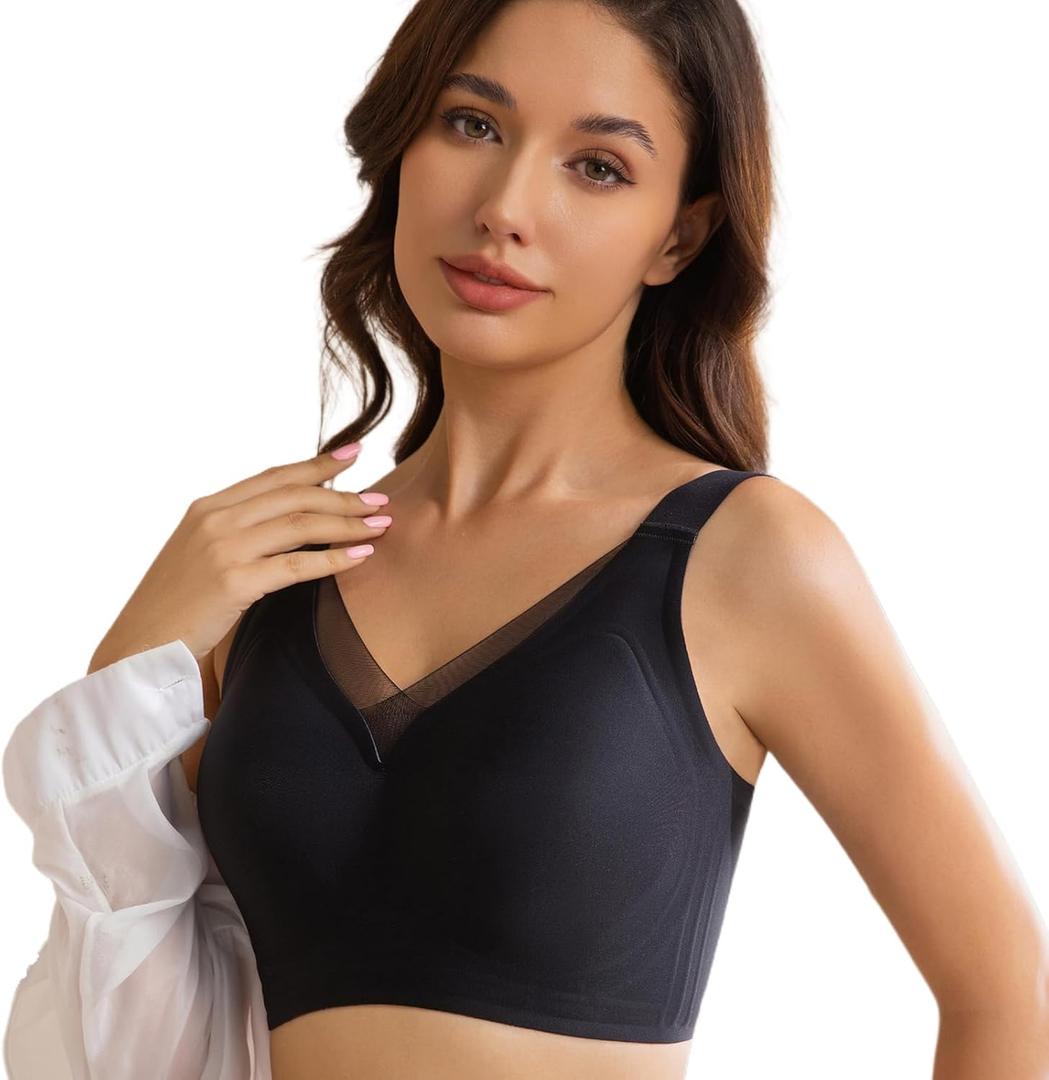 Bras for Women No Underwire Comfortable Sports Bra Smoothing Minimizer Everyday Bra(32C-46DD) (Black)