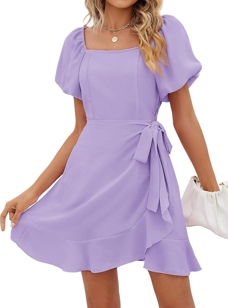 Sampeel Womens Summer Dresses Square Neck Puff Sleeve Tie Waist Short Dress XXL