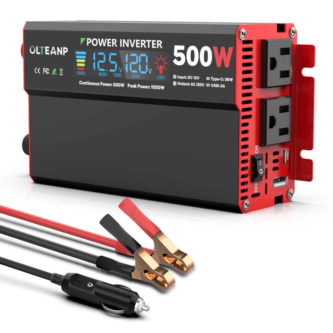OLTEANP 500 Watt Power Inverter 12V DC to 110V/120V AC Inverter with LCD Screen Display, 2 AC Outlets, 36W TypeC Port, 5V/3A USB Port, Car Power Converter for Truck, Home, Vehicles, Laptop, Trip