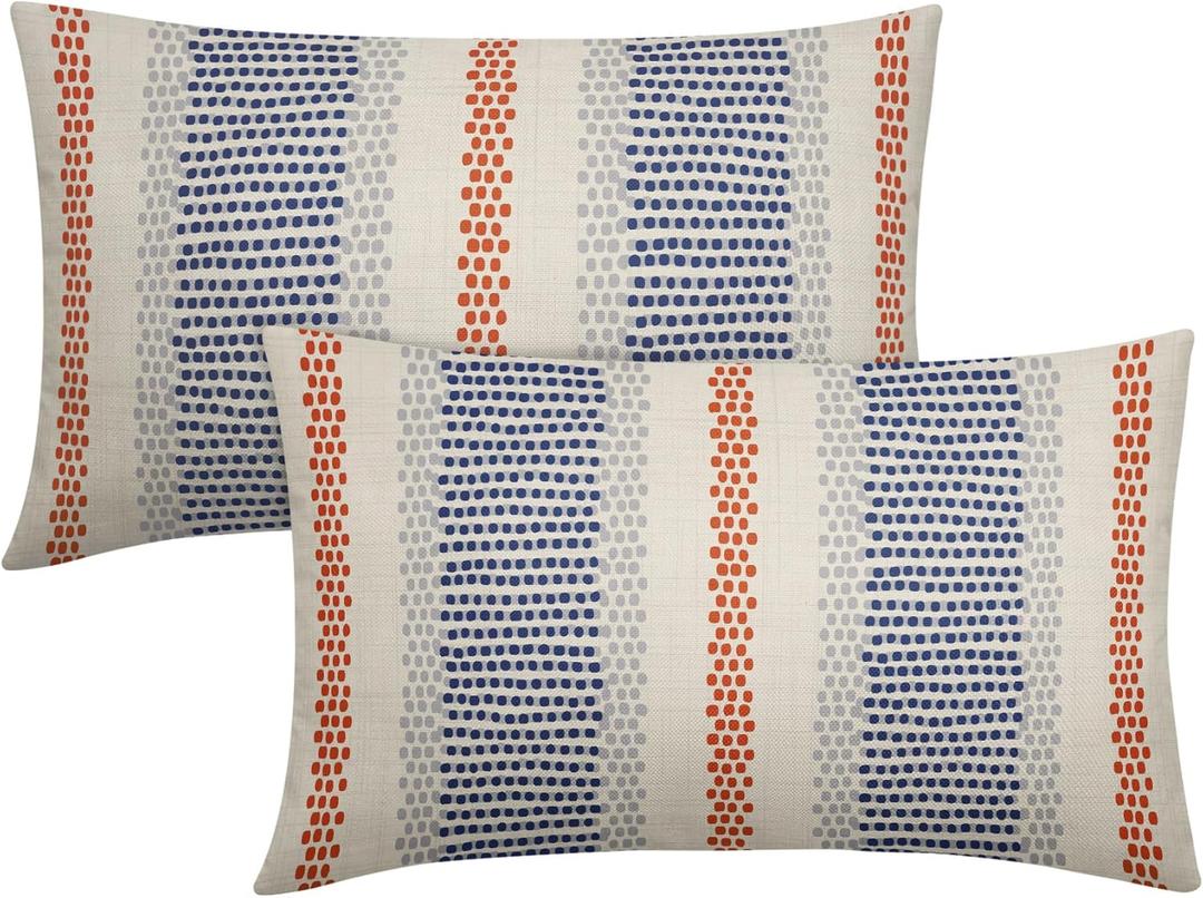 Navy Blue Orange Pillow Covers 12x20 Set of 2 Gray Grey Dot Print Striped Rustic Farmhouse Decorative Lumbar Rectangle Outdoor Throw Pillow Cases