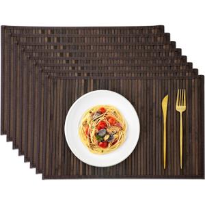 Bamboo Placemats with Fabric Border Set of 8 Natural Bamboo Rectangular Rolling Table Mats for Dining Kitchen Table Heat Resistant Table Protection Dark Brown