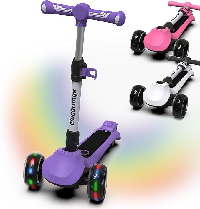 Elecorange T200/T500 Balance Electric Scooter for Kids Age 4-9, 2 Types Front Wheels, Electric Horn, Full Body Lights Up, Wide Deck, 5Mph Safe Speed, 70min Riding, Foldable Kick Scooter Boys & Girl