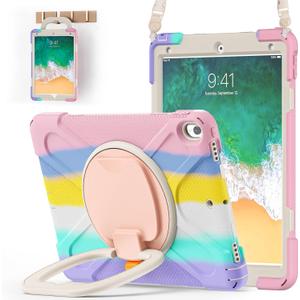 BATYUE iPad Pro 10.5 Case 2017 Released, iPad Air 3rd Generation Case 2019 Release; Rugged Heavy Duty Protective Cover with Pencil Holder, 360 Swivel Stand, Shoulder Strap; for Kids (Colourful Pink)