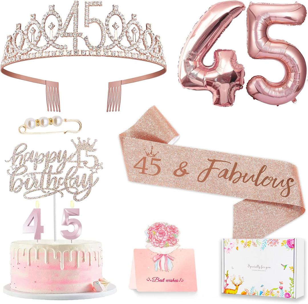 45th Birthday Gifts Decorations for Women, Including 45 year old Cake Topper, Birthday Queen Sash with Pearl Pin, Sweet Rhinestone Tiara Crown, Number Candles and Balloons Set, Rose Gold