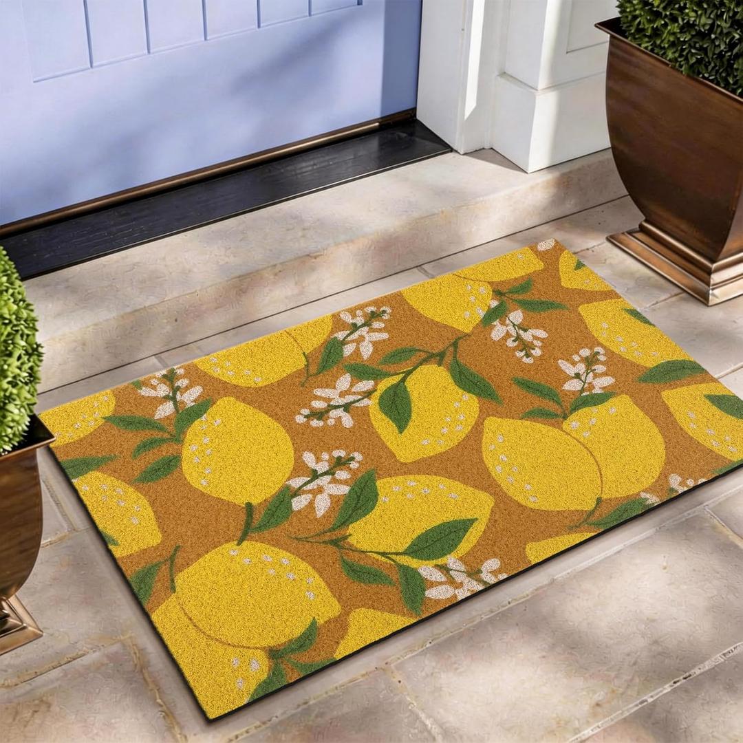 Tinideya Outdoor Lemon Door Mat with Floral Design, Non Slip Coir Doormat for Front Door, 29 x 17 Inch, Spring Summer Entry Rug for Porch Patio Farmhouse Decor