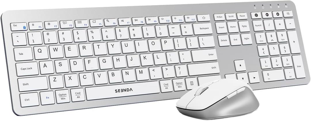 seenda Bluetooth Keyboard and Mouse, COE300 Wireless Keyboard Mouse Combo 2.4G+Dual Bluetooth Multi-Device Connection Full Size Ultra-Slim Keyboard with Number Pad for Windows/Mac,White & Silver