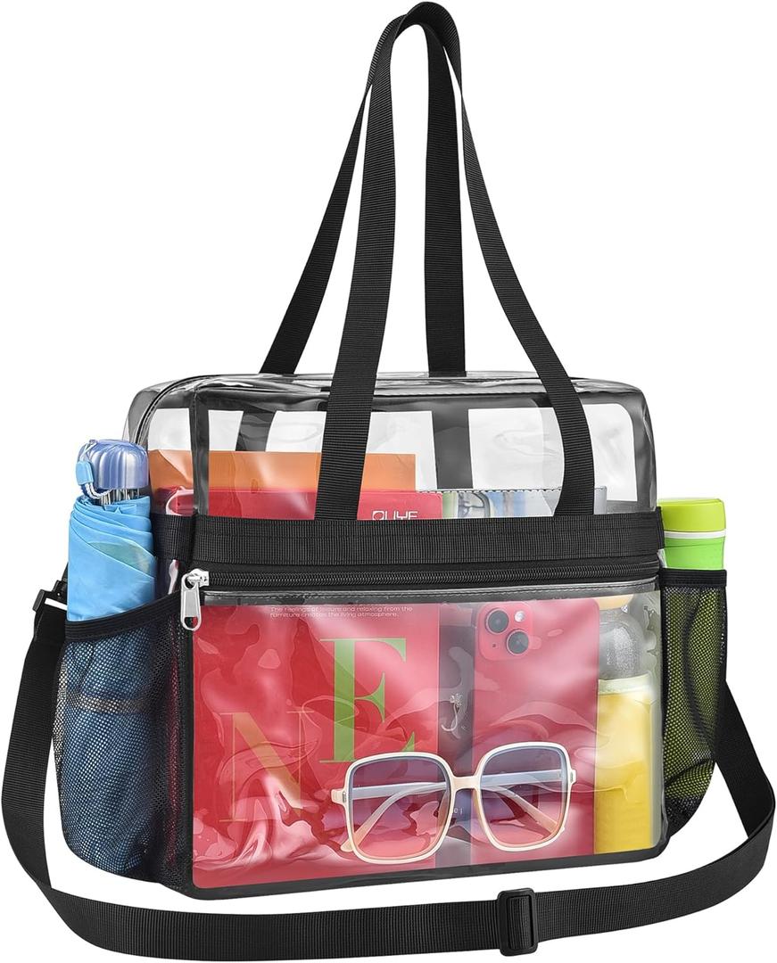Paxiland Clear Bag for Stadium Events 12x6x12, Clear Tote Bag with Reinforced Strap, Transparent Bag for Sports Concert (Black)