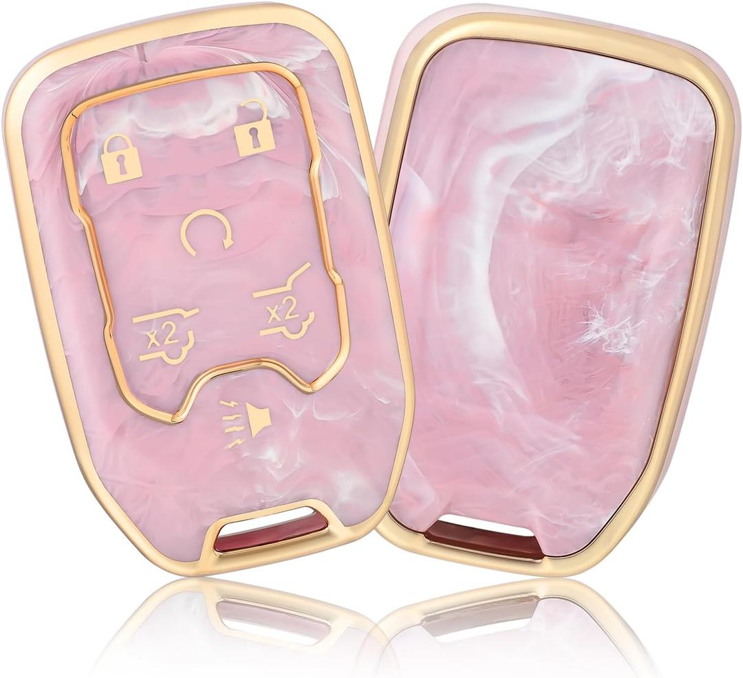 OFFCURVE Key Fob Cover for GMC Yukon/Yukon XL Terrain Acadia Sierra Key Fob Case for Chevy Chevrolet Suburban Tahoe Car Accessories Holder Remote Smart 6 Buttons Key Protector, Pink/Pattern Random