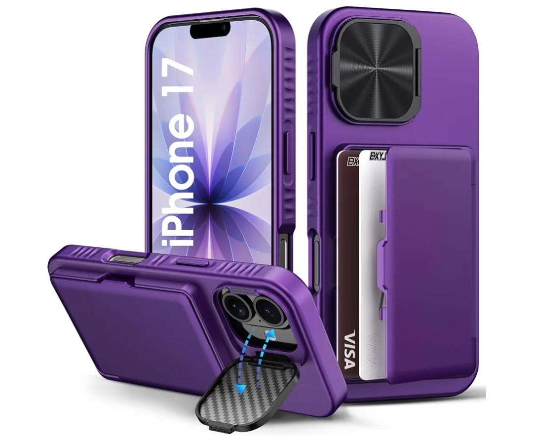 for iPhone 17 Wallet Case with Camera Cover Kickstand, Card Holder (3-5 Cards), Military Grade Protection, Heavy Duty Women Men Shockproof Hard Phone Case for iPhone 17 6.3" 2025, Dark Purple
