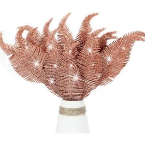 20 Pieces Artificial Christmas Glitter Leaves Branches Sparkly Fake Leaf Sprays for Christmas Tree Picks 10" Ornament Flower Arrangements DIY Crafts Wreaths Holiday Decoration Tree Fillers (Rose Gold)