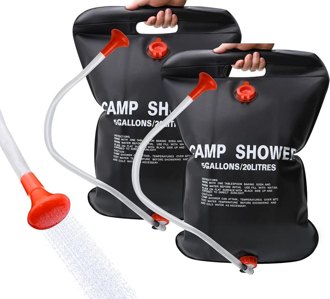 DkOvn Solar Shower Bag, 5 Gallons/20L Camping Shower Bag, Portable Shower Bag with Removable Hose and On-Off Switchable Shower Head for Camping Beach Swimming Outdoor Traveling (2 Pack Black)