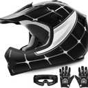 XFMT Kids Dirt Bike Helmet Youth Motorcycle Helmet DOT-Certified Full Face Helmets for Motocross ATV Off-Road Street Bike with Goggles & Gloves, Black Spider X-Large