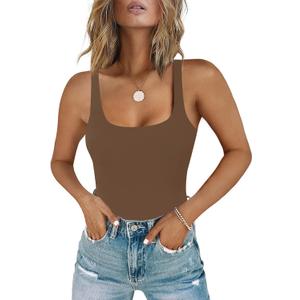 Chunpin Women's Square Neck Sleeveless Bodysuit Double Lined Tops Thong Bodysuit (Large, Brown)