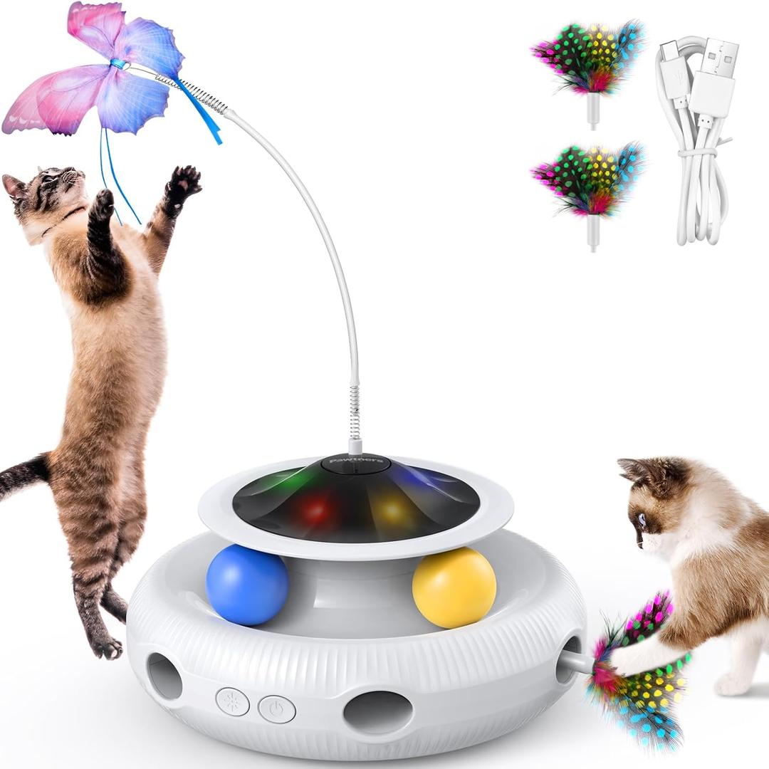Interactive Cat Toys 4 in 1 Automatic Cat Toy for Indoor Cats, Electric Kitten Toy with USB Rechargeable, Self Play Kitty Toys with Spinner Fluttering Butterfly, Track Ball and 2 Ambush Feathers