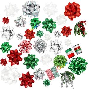 37 Pcs Gift Bows Assortment for Gift Wrapping - 7 Rolls Curling Ribbons 28 Christmas Bows 3 Tinsel Bows and 2 Curly Bows 2 Rolls of Cotton Thread for Present Wrapping Decoration(Red & Green Set)