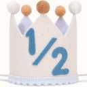 Blue and Cream 1/2 Birthday Hat for Baby Boys Halfway to One Birthday Crown, Light Blue Felt Number Half Bday Decorations, 6 Months Milestone Party Hat for Baby Boy Photo Prop
