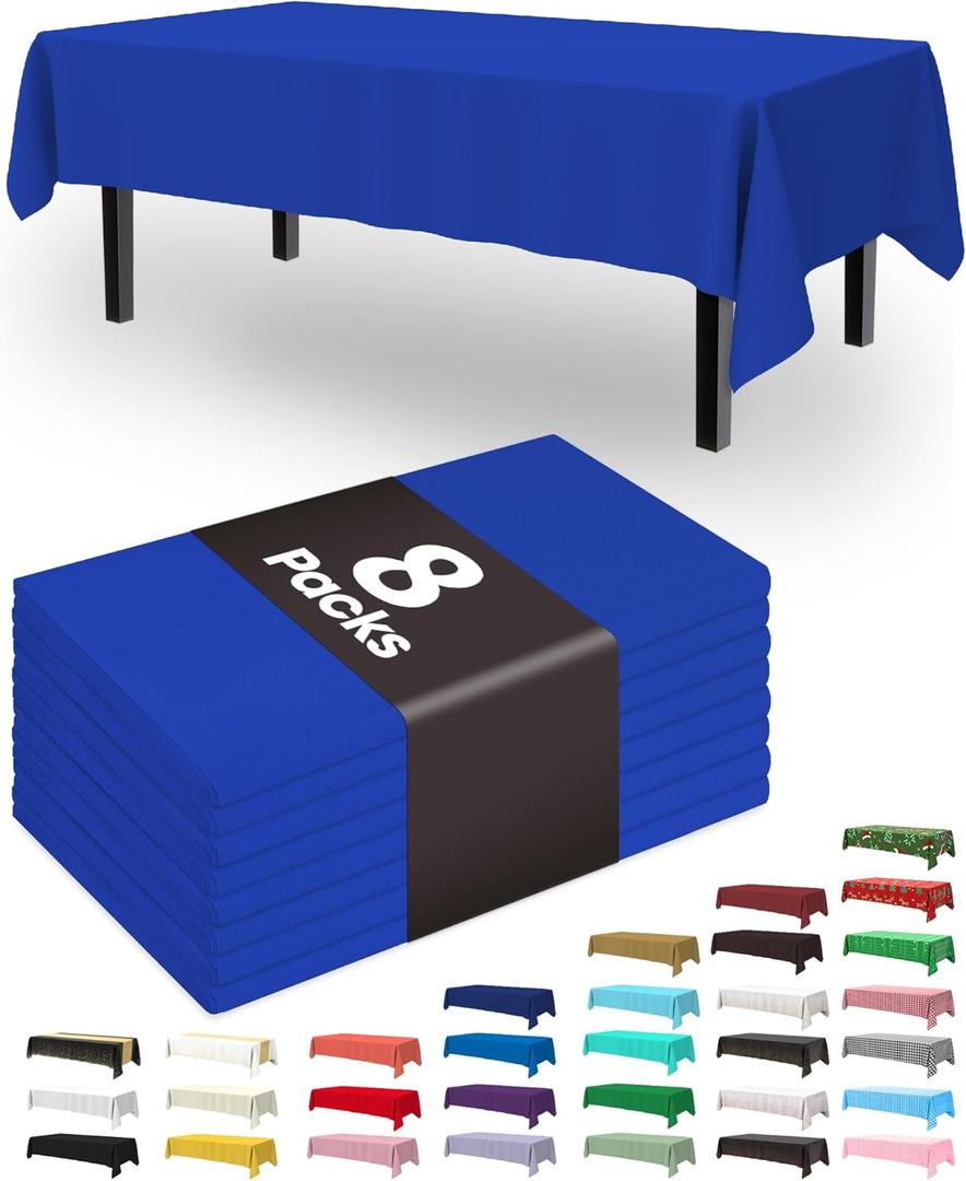 Pureegg Plastic Table Cloth Disposable 8 Pack, 54 x 108 Inch Table Cloths, Graduation Decorations Class of 2026, Graduation Party Tablecloths, Rectangle, Plastic Cover, Leakproof & Sturdy, Blue