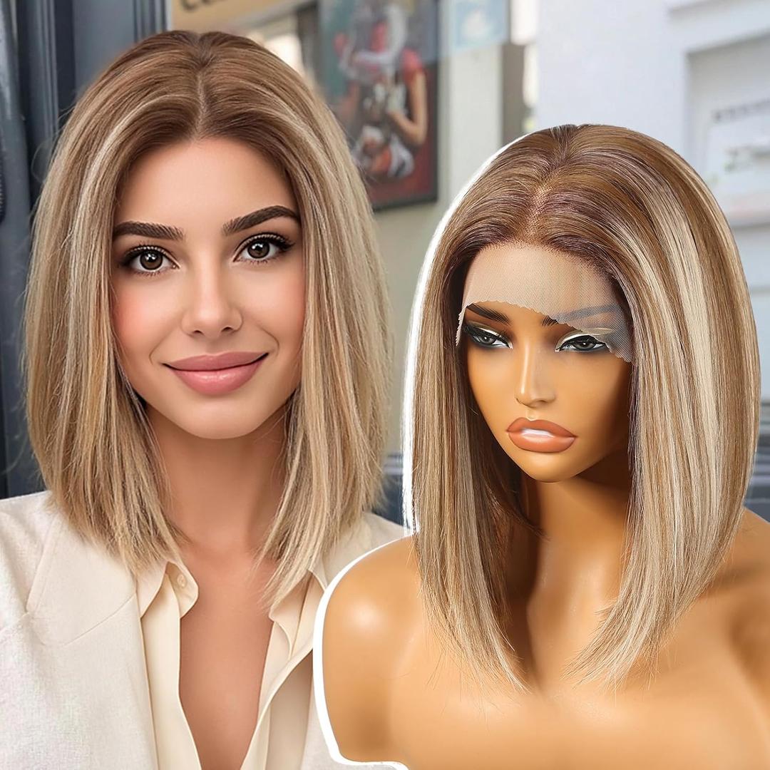 KOME Ash Blonde Highlight Synthetic Lace Front Wig,13×6 HD Short Straight Glueless Bob Wig for White Women Daily Use 12IN（#TT6/166）