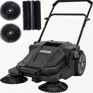 Walk-Behind Outdoor Hand Push Floor Sweeper, 25.6 Inch Wide Manual Non-Electric Sweeper with 5.25 Gallon Waste Bin, Adjustable Folding Handle Heavy Duty Yard Sweeper for Garage Patio Walkway Driveway