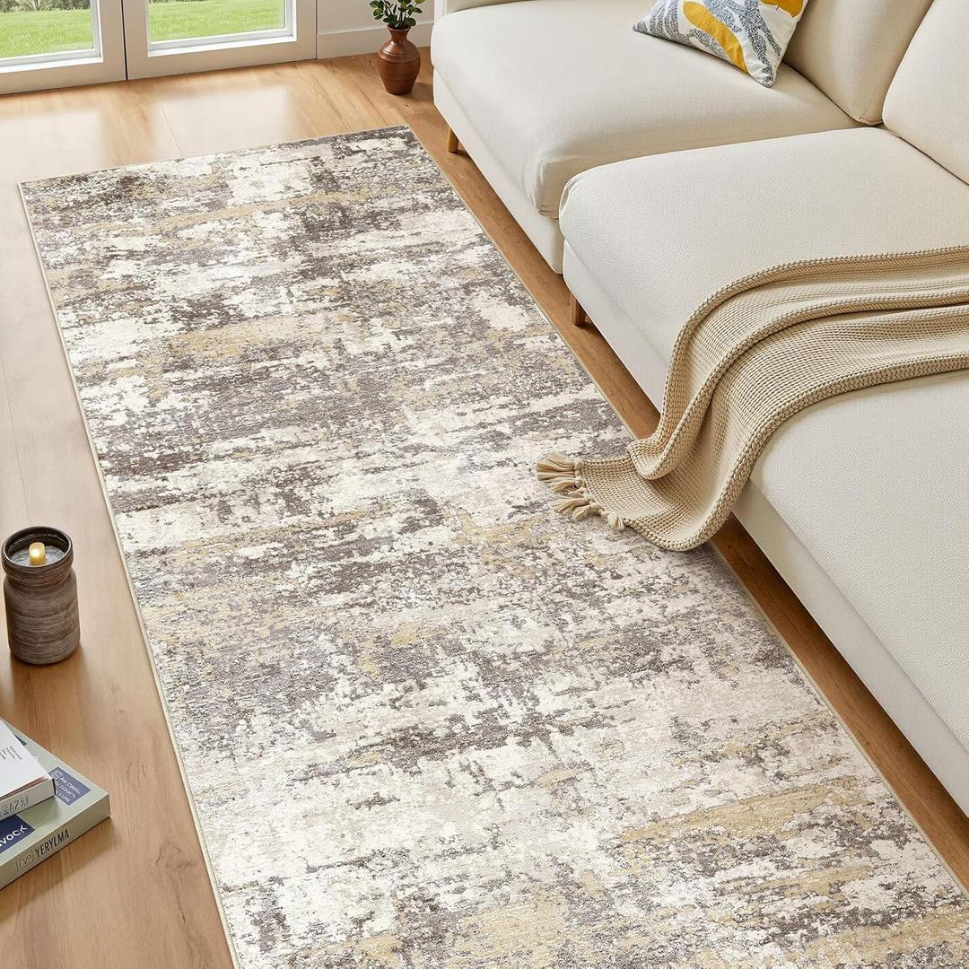 Hallway Washable Runner Rug: 3x8 Abstract Modern Soft Stain Resistant Non-Slip Backing Runner for for Entryway Kitchen Laundry - Gold Brown