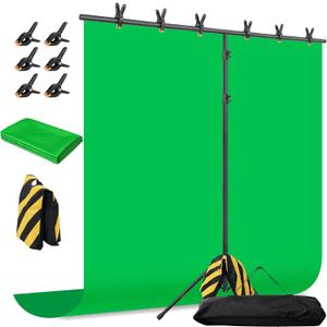Green Screen Backdrop with Stand, 8x7.2ft Portable Greenscreen Background with Stand, T-Shape Green Screen Stand kit with 6 Spring Clamps, Sandbag, Carry Bag for Zoom, Video