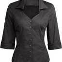 YARN & INK Women's Solid Classic-Fit Casual Blouses Button Down 3/4 Sleeve Dress Shirt 1950s Retro Elegant Work Office Tops (Black) S 