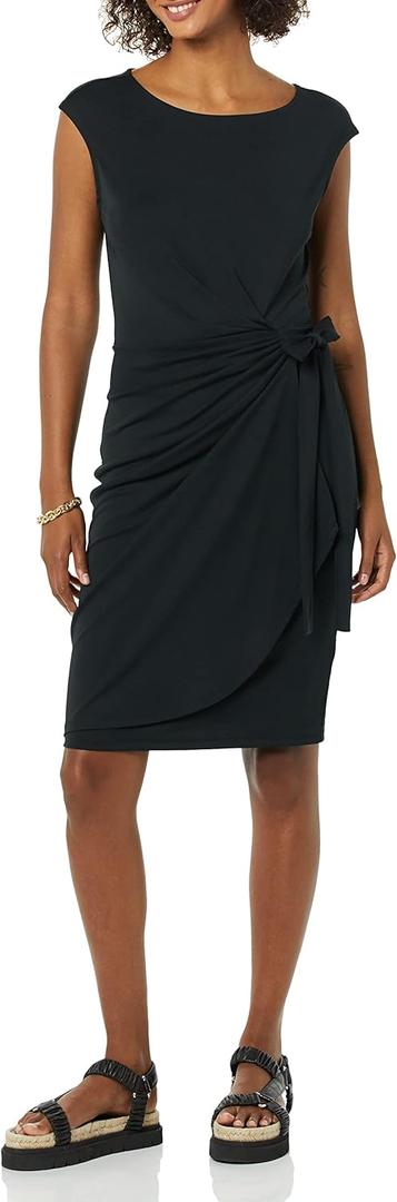 Amazon Essentials Women's Cap Sleeve Boat-Neck Faux Wrap Dress (Black)