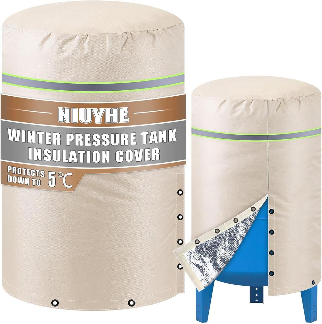 Round Water Pressure Tank Cover (5F), 24'' Diameter X 34'' Height Heavy Duty Insulated Well Pump Cover with Cold Snap Foil Insulation and Cotton for Yard Outside Winter Freeze Protection (Beige)