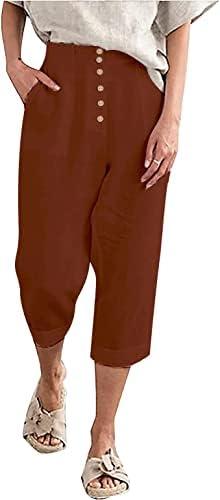 SVALIY Summer Cotton Linen Cropped Wide Leg Pants Capris Women Ladies Casual Loose Palazzo Pant Work Elastic Pocket, S