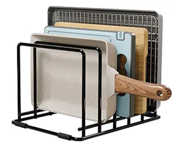 Kitchen Pan Organizer and Pot Rack, 5-Slot Steel Holder for Thin Pans, Baking Trays, and Cutting Boards - Space-Saving Storage