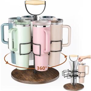 Stanley 40 oz Cup Organizer with Handle, Rotating Tumbler Holder, Water Bottle Storage Rack for Kitchen Organization, Easy to Carry, Easy Access to Cups, Non-Slip Pad Included (Black) (16.5"L-1Pcs)