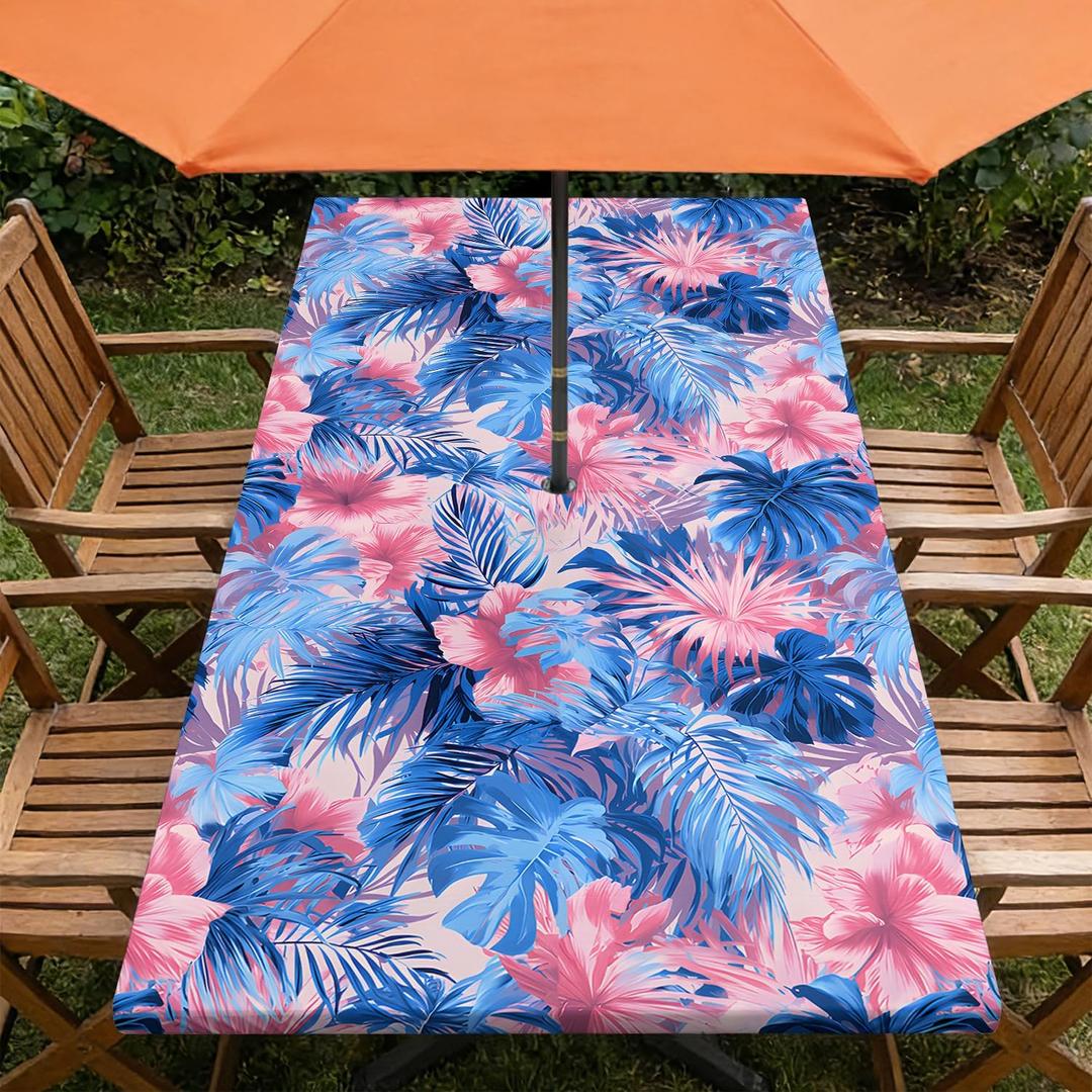 Rectangle Outdoor Tablecloth with Umbrella Hole and Zipper Waterproof Rectangle Fitted Tablecloth with Elastic Edge, Wipeable Outdoor Table Cover for Patio, Garden, Picnic 72" x 30"