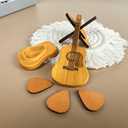Wooden Guitar Pick Holder with Stand, Electric Guitar Styling Box with 3 Wood Picks, Storage Set for Guitar, Bass, Ukulele Players, guitar pick holder, guitar pick casebrown