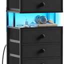 REAHOME Night Stand with Charging Station and LED Light, 4 Fabric Drawers Black Bedside Table with Open Shelf, Modern End Table with Wooden Top for Bedroom, Living Room, Hallway - Black Gery (11.8"D x 15.8"W x 27.6"H (4 Drawers))
